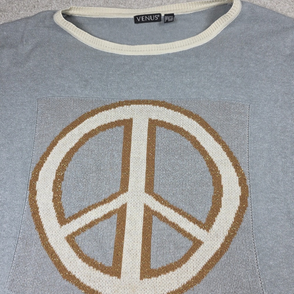 Venus Sweater Womens L Gray Knit Peace Logo Pullover Crew Neck Long‎ Sleeve